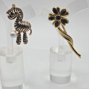 Gold Zebra and Flower Brooch Set